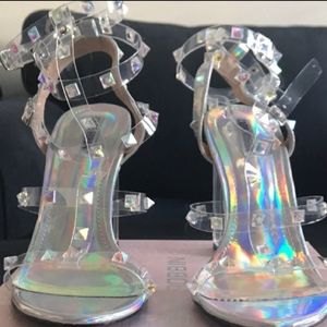 Holographic studded strappy heels